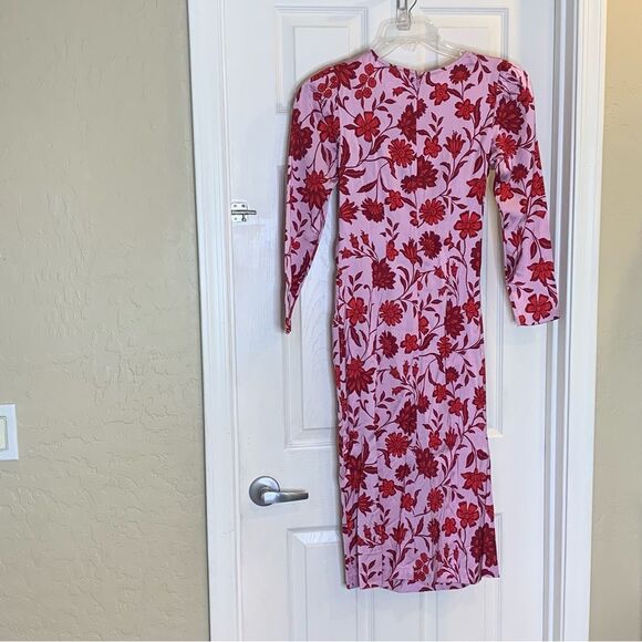 ANN TAYLOR Ruched Midi Dress Pink‎ Red Satin Floral Round Neck Slit Size 2P - Picture 8 of 16